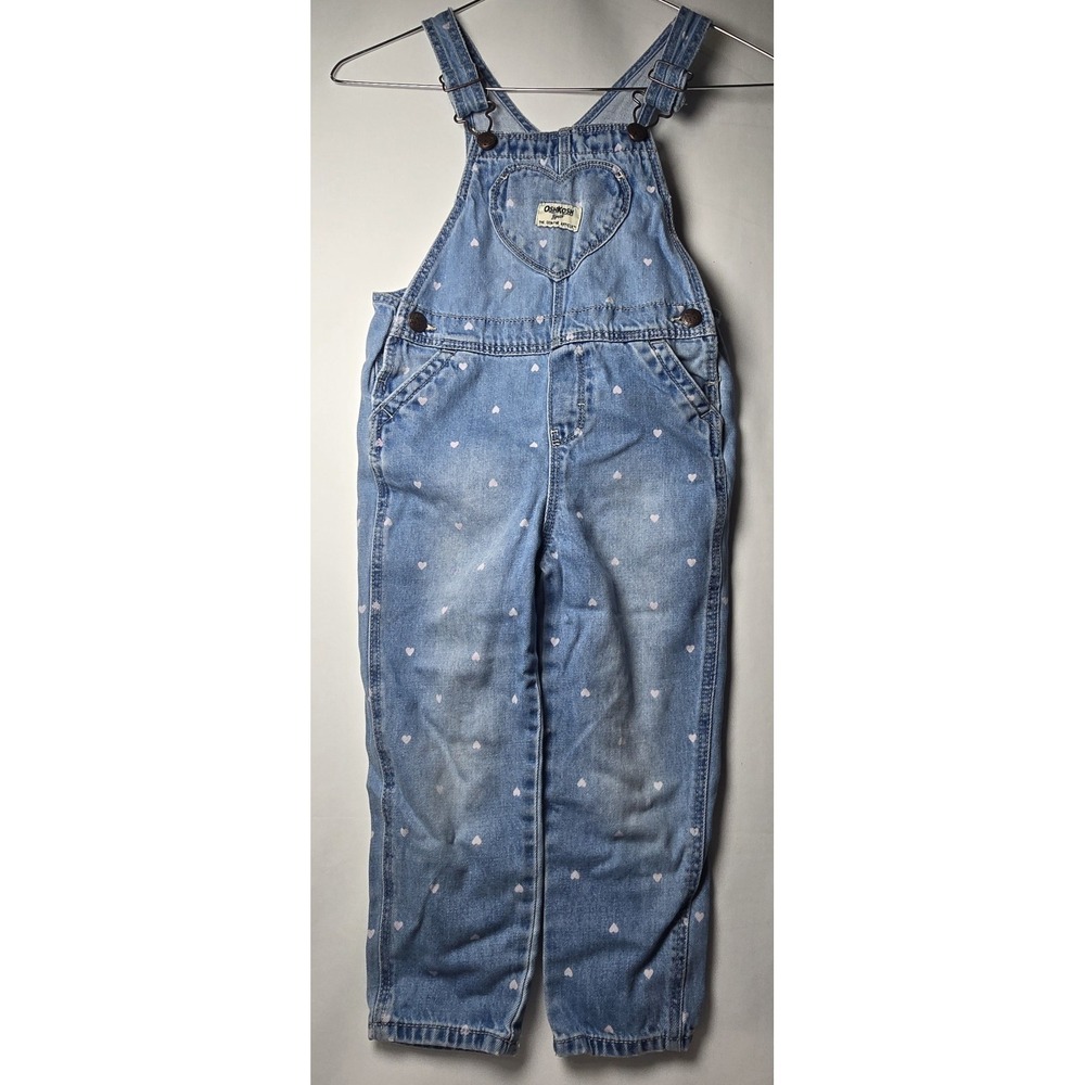Oshkosh BGosh Girls Overalls 4T All Over Heart Print Denim Blue Pink Vestbak